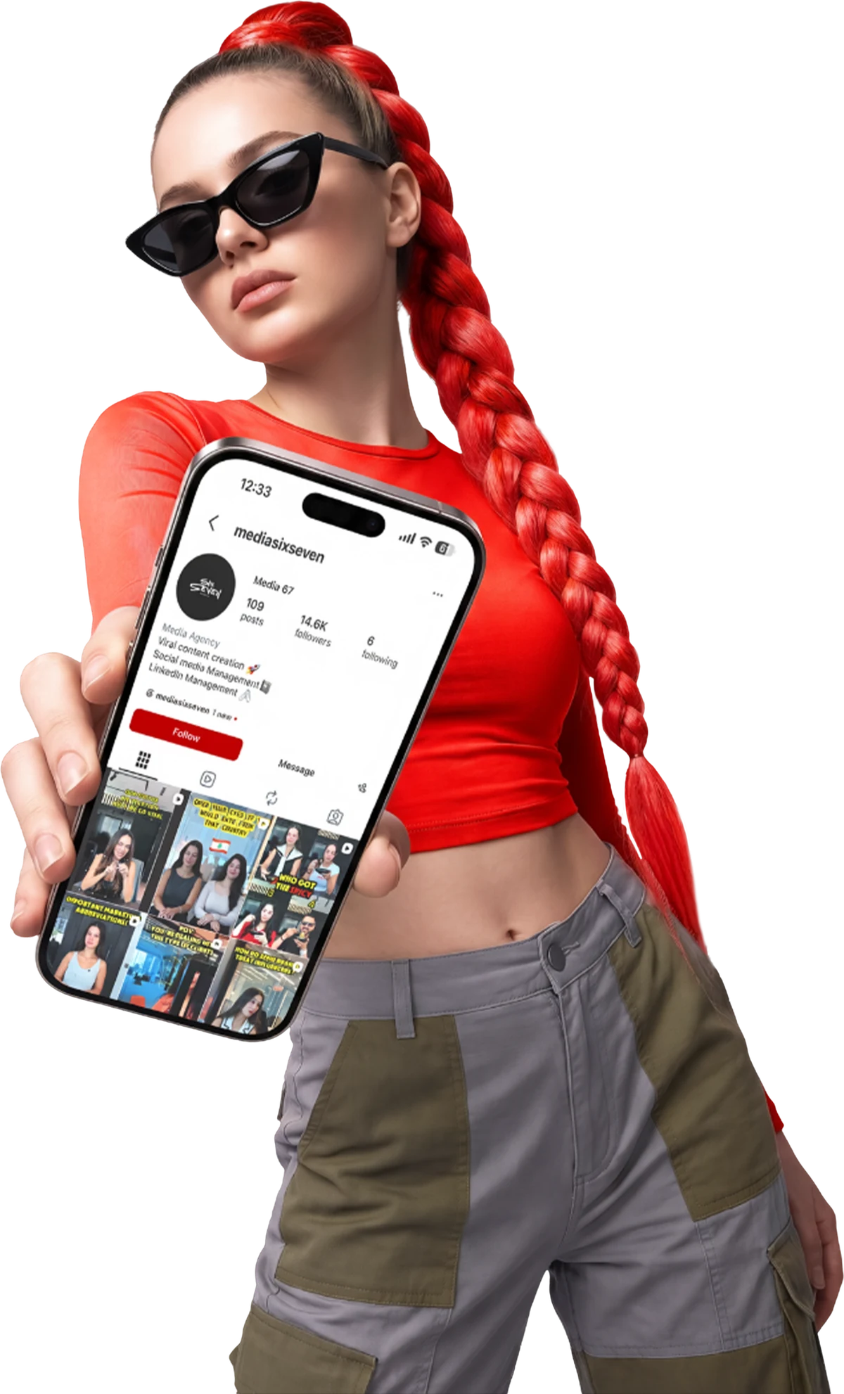 Six Seven — model holding a phone showing the @mediasixseven Instagram profile
